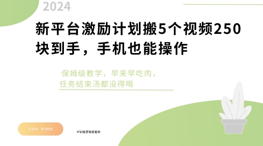 新平台激励计划搬5个视频250块到手，手机也能操作，保姆级教学-狂人资源网